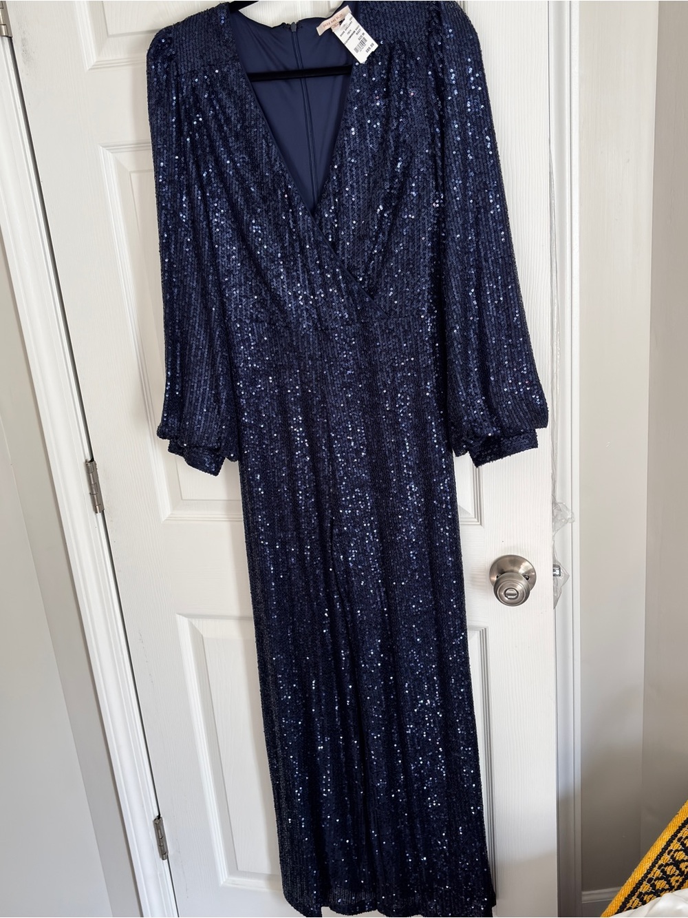 Skies Are Blue Sequin Jumpsuit Navy Women’s M Tie Waist Wide Leg Dressy Holiday - Picture 5 of 15